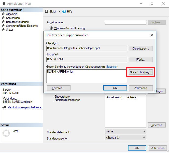 Anmeldung mit Windows-Authentifizierung